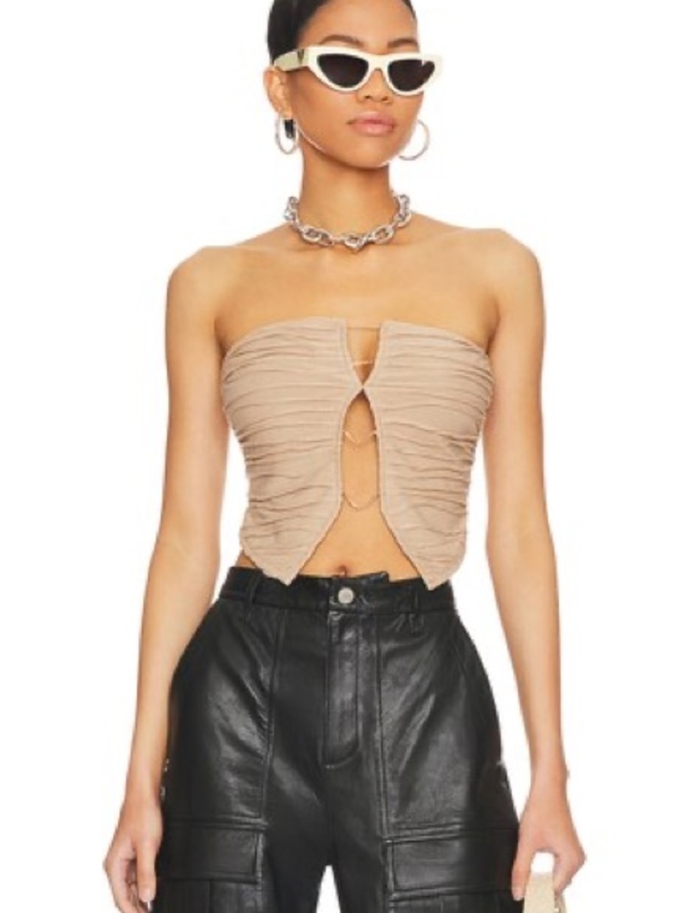 Superdown Strapless Ruched Cutout Crop Top in Taupe